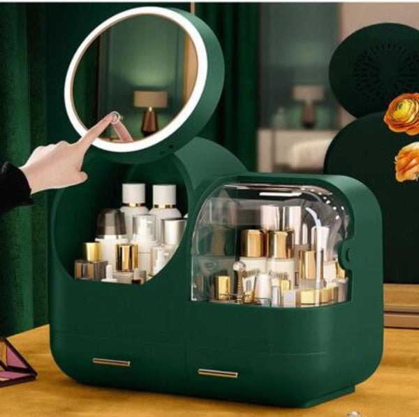 Large Capacity Cosmetic Organizer With Internal Fan And Led Mirror