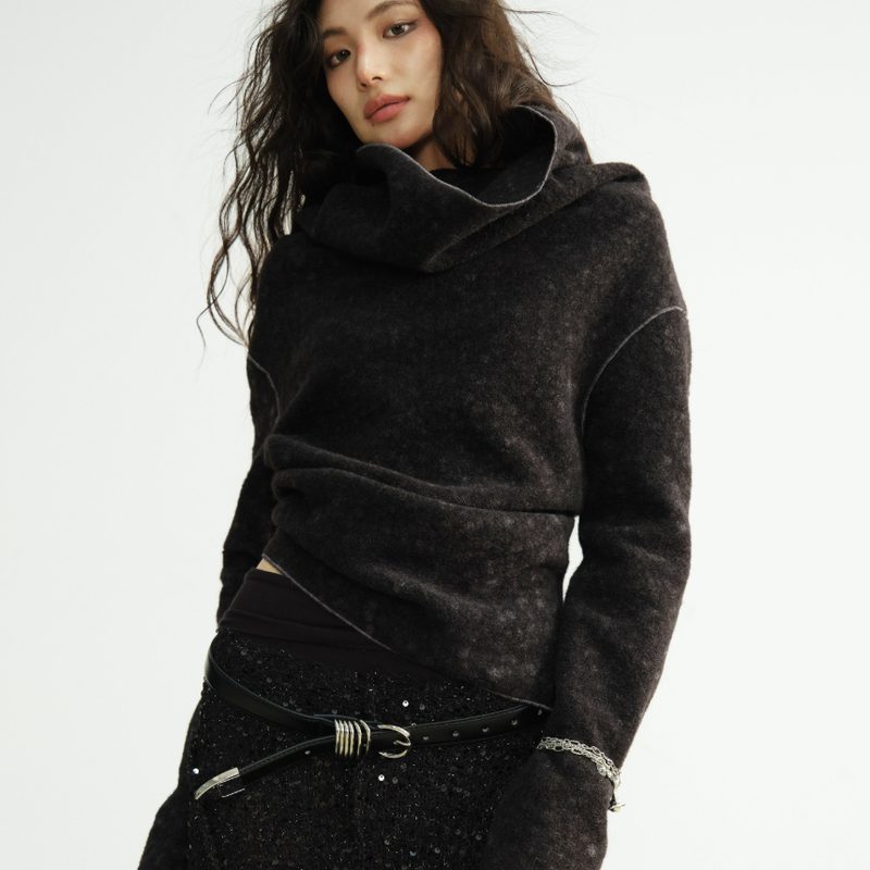 Black Slightly Stretchy Wool Short Manteau Top