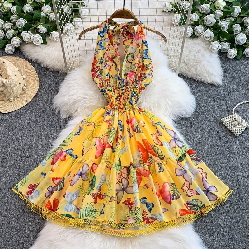 Rétro-Imprimé Resort-Style Deep-Col V Halter Robe