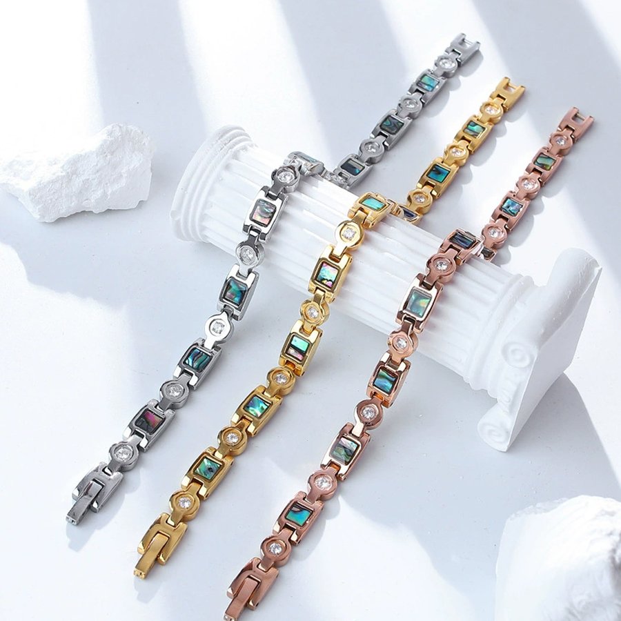 Bracelet Magnétique Nacre & Zircons – Acier Inox Élégant