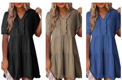 Ruffled Robe Short-Sleeved Col V Layered Large Swing Jupe