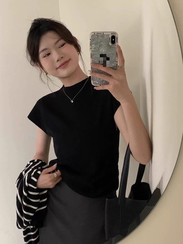 Femme Half-Neck Manches Courtes T-Shirt Summer Coupe Ajustée Cropped Knit Top