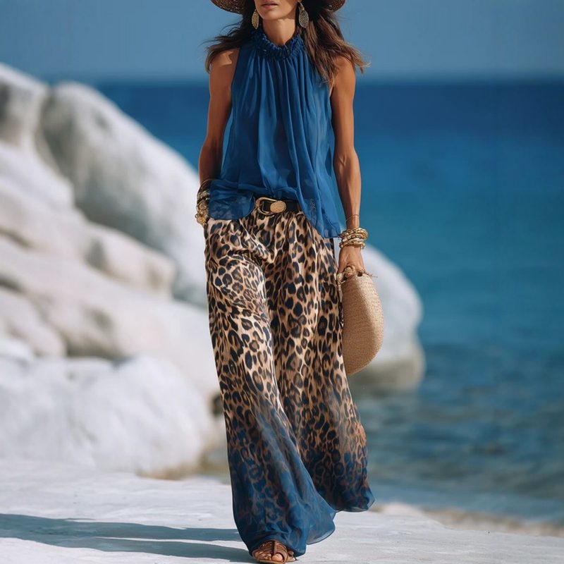 Halter-Neck Sleeveless Chiffon Top And Leopard-Print Gradient Wide-Leg Pantalon Set