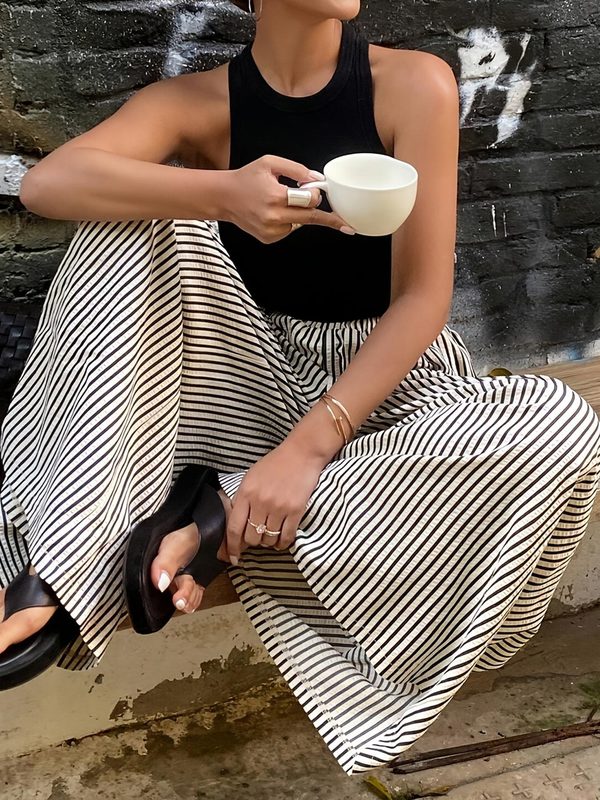 Femme Striped Elastic-Waist Straight-Leg Wide-Leg Pantalon