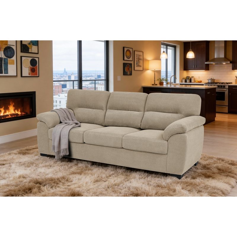 3-Seater Sofa, Upholstered Couch, Modern Living Room Furniture, Textured Fabric Sofa, Minimalist Settee, Confortable Armchair, Sturdy Frame Sofa