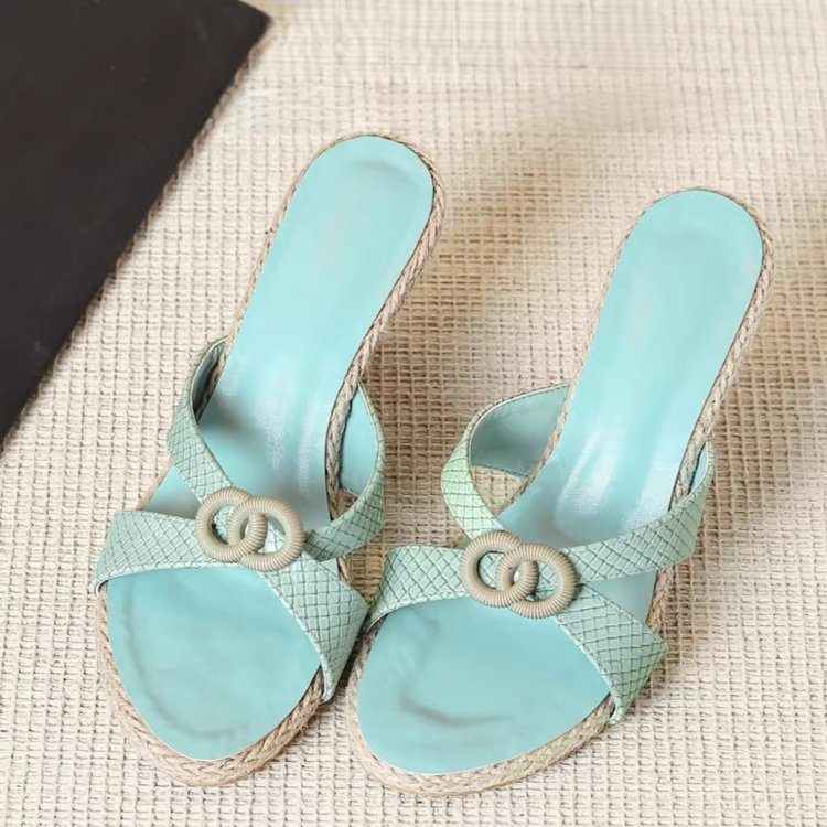 Rétro Hollowed Out Roman Woven Sandals 'S Summer High Heels, Green Wedge Heel Slippers