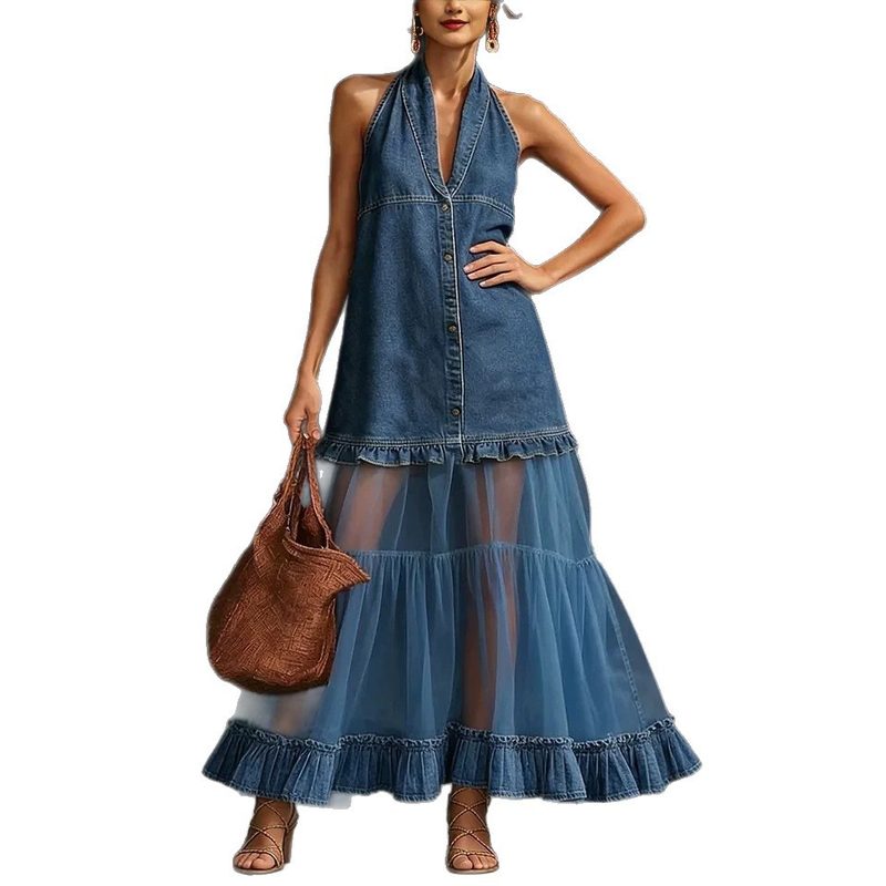 Femme Rétro Denim-Style Patchwork Long Robe