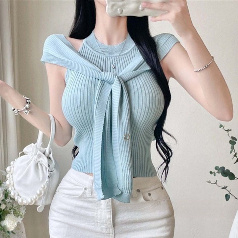 Shawl-Design Sleeveless Vest Knit Top Two-Piece Set
