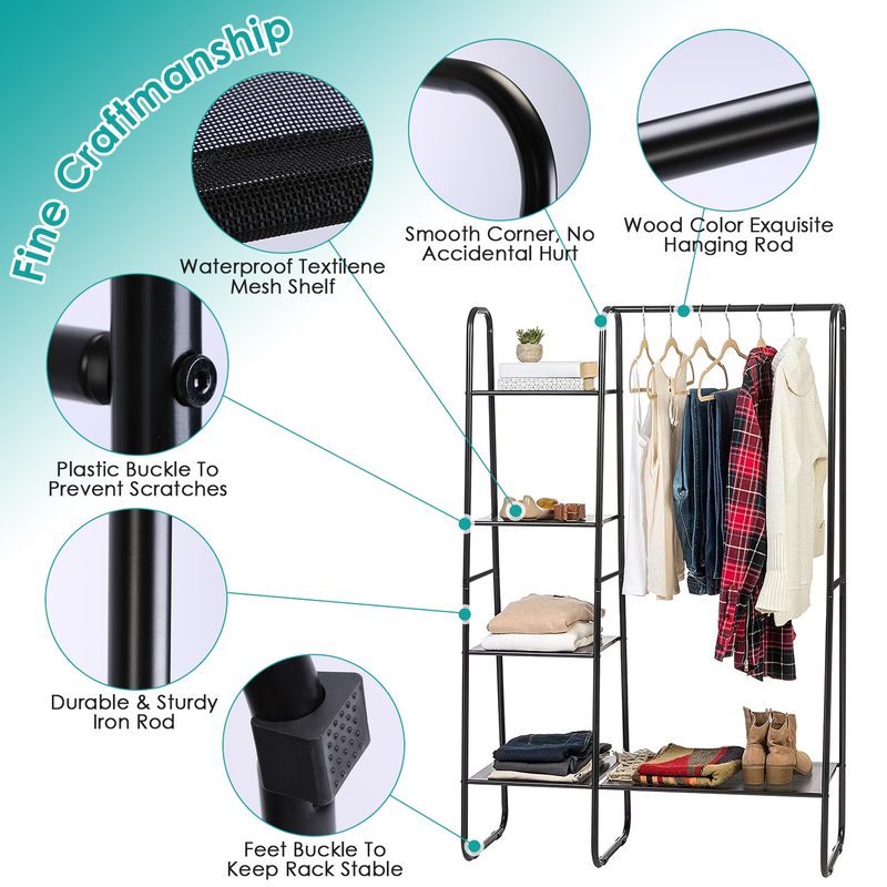 1Pc Metal Garment Hanging Rack Shoe Clothing Organizer Shelves Freestanding Clothing Hanging Rail Clothes Wardrobe Shoe Display Organizer With 1 Hanging Rod 5 Mesh Shelves