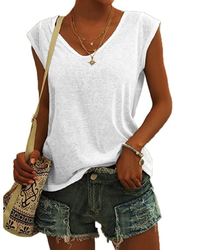 Uni Color Col V Casquette Sleeve Ample T-Shirt
