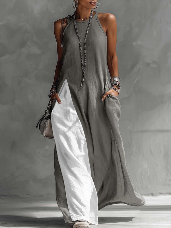 Plus Size Vintage Linen Blend Color Block Sleeveless Maxi Robe, Décontracté Halter Neck Ample Fit Pocket Long Sundress With Pockets For Summer Robe