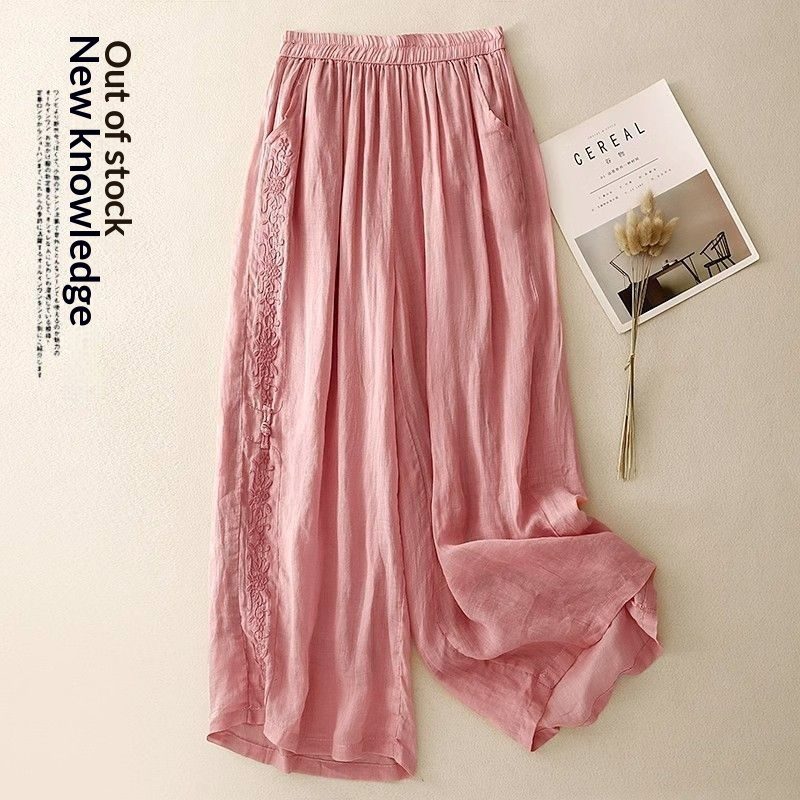 Pantalon ample et fluide en mélange coton-lin brodé