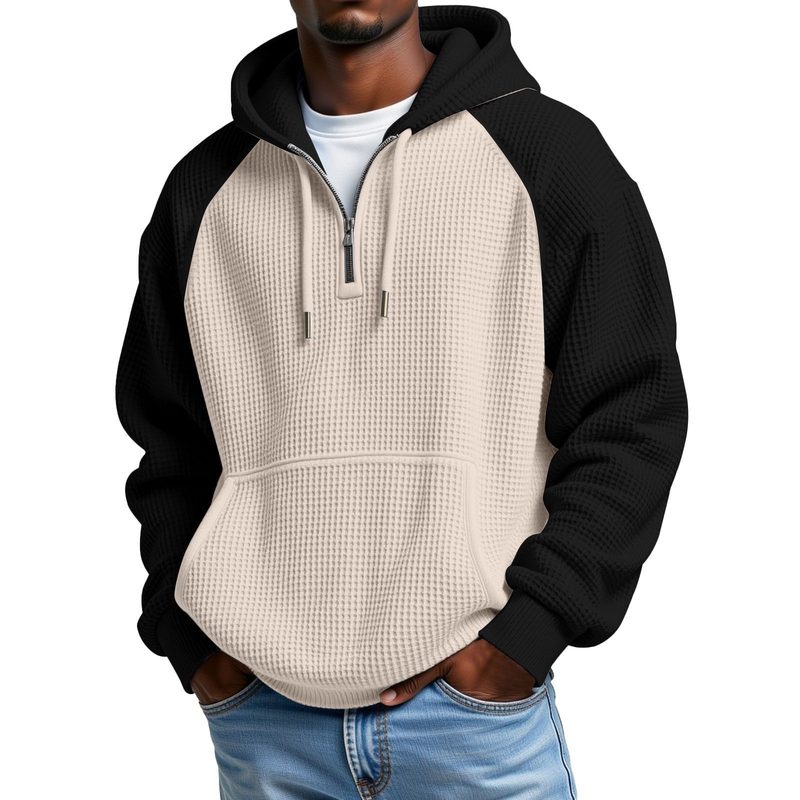 Color-Block Waffle-Knit Manches Longues Hooded Veste