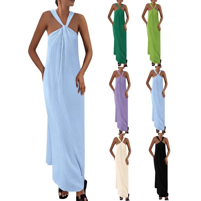 Sleeveless Lace-Up Ample-Fitting Beach Halter Robe With Pockets And An Extra-Long Hem