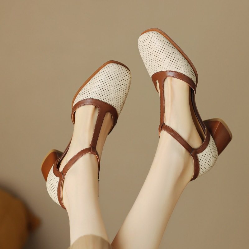Femme Leather Mule Sandals With Color-Block Design, Tstrap Buckle And Respirant Perforations