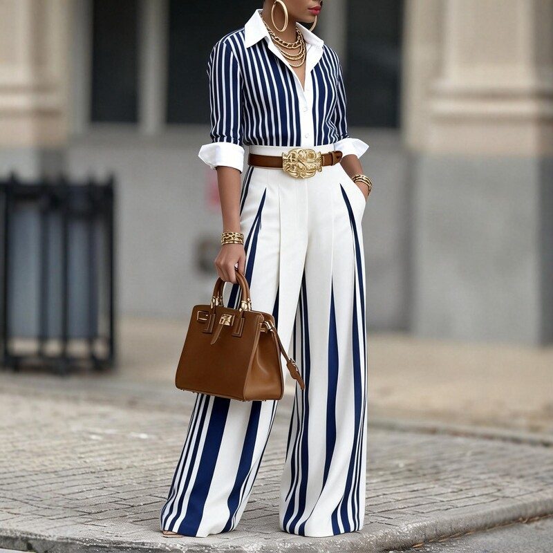 European And American-Style Striped Femme Shirt With Contrast-Color Lapel And Long Sleeves