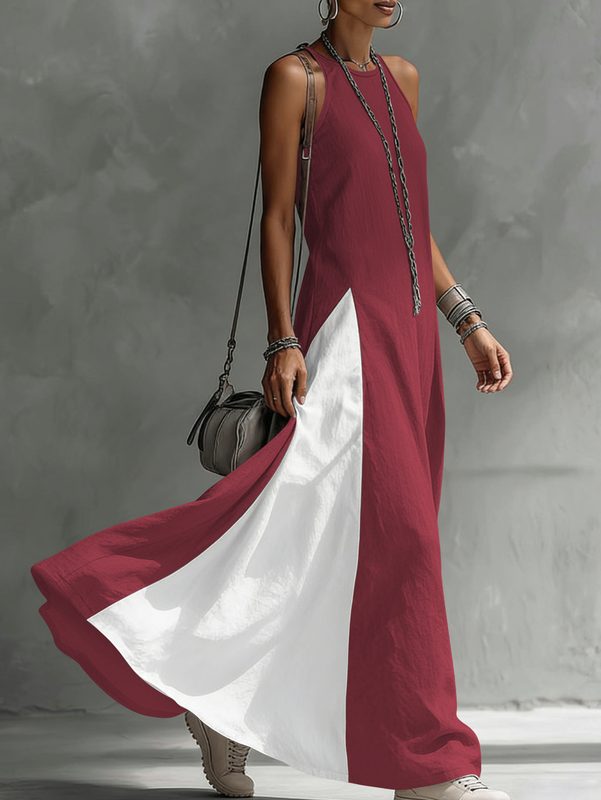 Vintage Linen Blend Color Block Sleeveless Maxi Robe, Décontracté Halter Neck Ample Fit Pocket Long Sundress With Pockets For Summer Robe