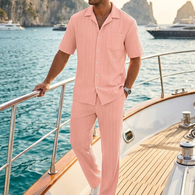 Homme Uni Color Button Down Shirt And Trousers Set