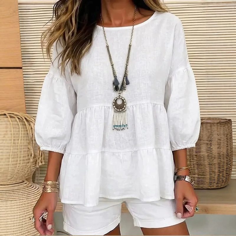 Femme Uni-Color Crew-Neck Lantern-Sleeve Coupe Ample Shirt