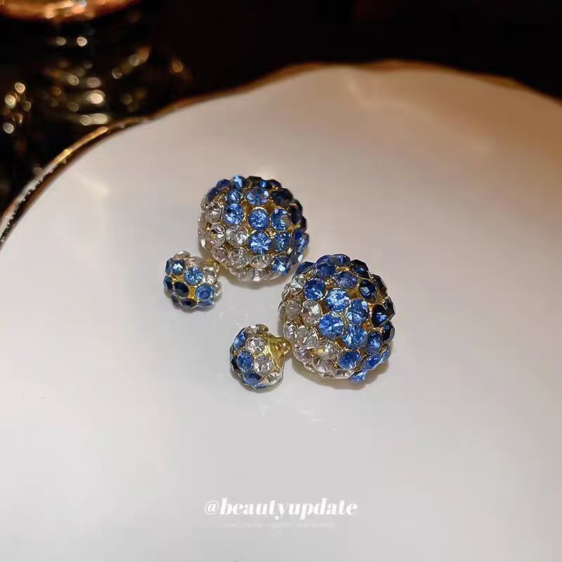 Silver Needle Diamond Round Earrings, Dual-Wear Front & Back, Korean Light Luxe Studs