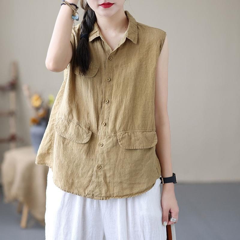 Rétro Cotton-Linen Sleeveless Statement Shirt