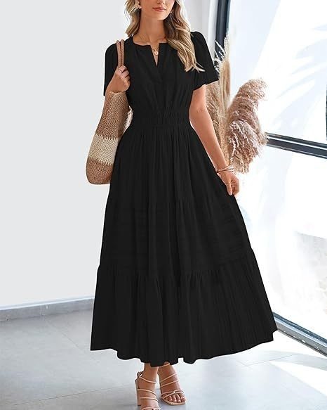 Spring Summer Arrival Robe, Col V Ruched Puff Sleeve Tiered Swing Robe