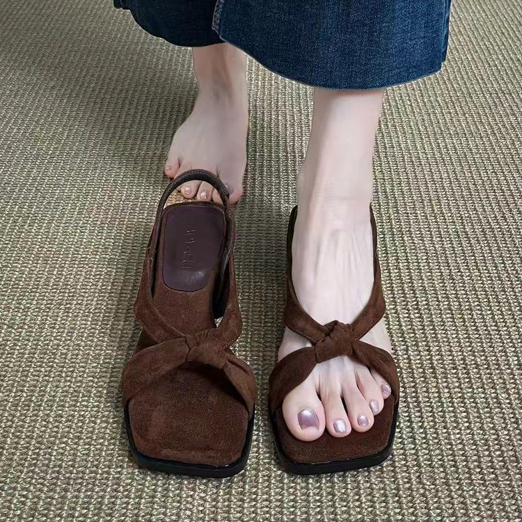 Décontracté Square-Toe Bow Platform Sandals, Respirant Summer Flats With Ankle Strap
