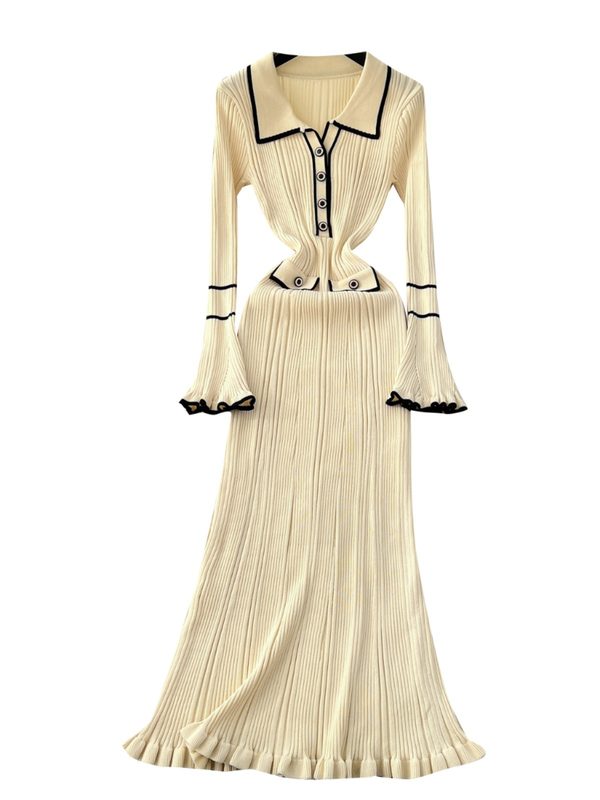 Autumnwinter Sophisticated Chanel-Style Belted-Peak-Collar Robe With Flared Sleeves A Figure-Flattering Knit Bodycon Style