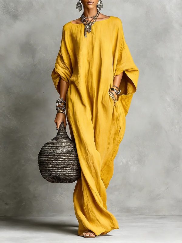 Rétro Uni Color Off-Shoulder Manches Longues Maxi Robe