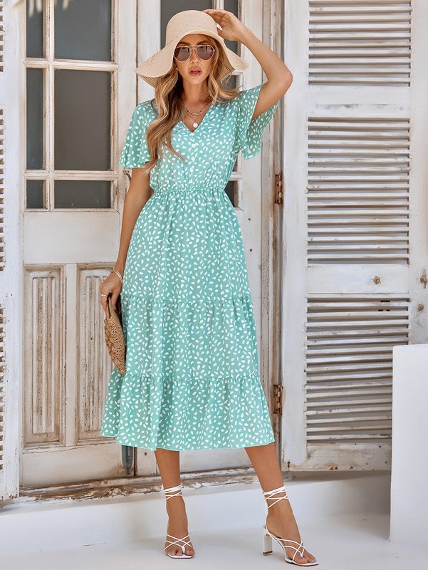 Femme Col V Ruffled-Sleeve Imprimé Robe