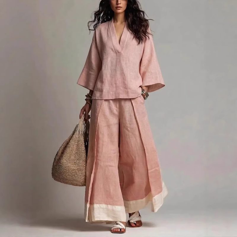 Cotton-Linen French-Style Col V Three-Quarter-Sleeve Shirt Contrasting-Color Wide-Leg Pantalon Set