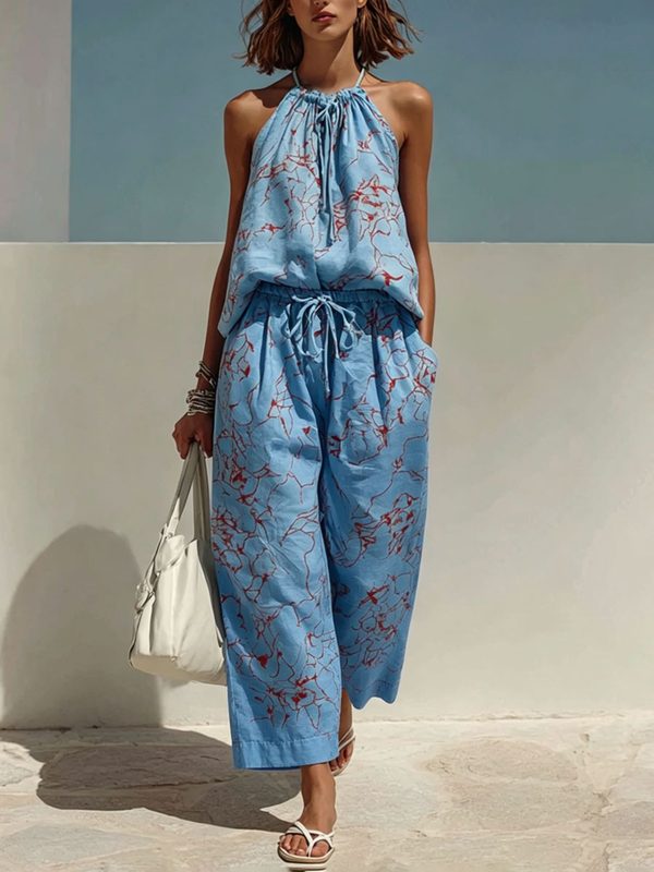 Minimalist Imprimé Backless Camisole And Relaxed-Fit Wide-Leg Pantalon Set, Vacation Style