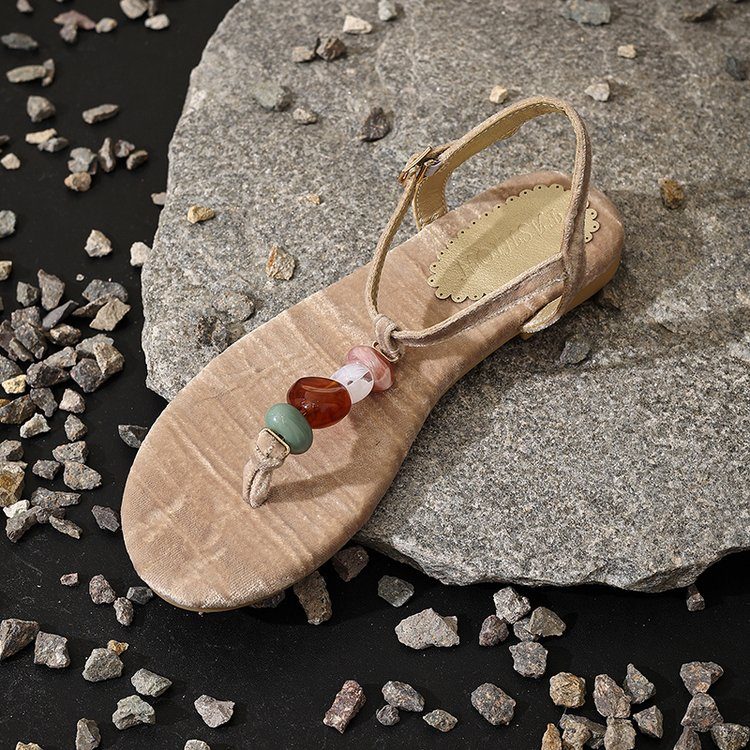 Rétro Woven Bead Clip Toe Herringbone Sandals 'S Summer Beach Chaussures Agate Slippers