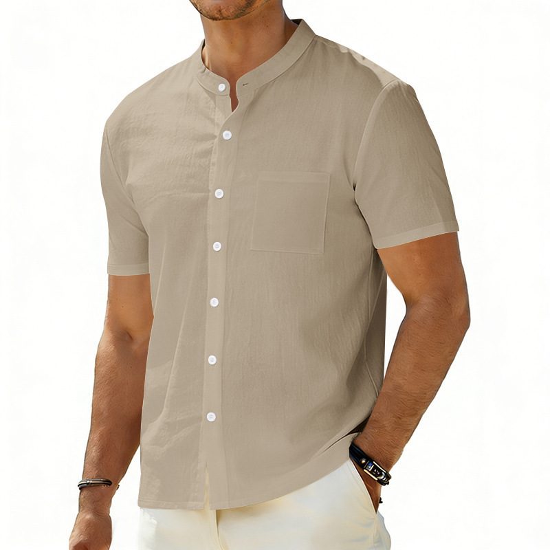 Coupe Ample Homme Linen Décontracté Mandarin-Collar Manches Courtes Shirt
