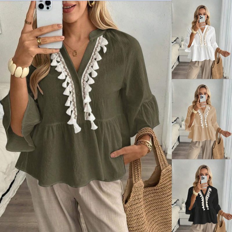 Summer Uni-Color Col V Top With Buttons And Tie-Up Tassels