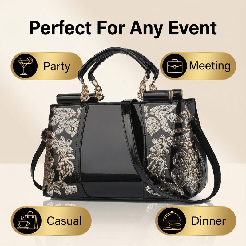 Luxe Patent Leather Handbag Beaded Floral Embroidery Tote Work Party Sac 3 Col