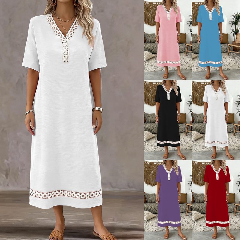 And Lace-Panel Femme Manches Longues Midi Robe For Summer