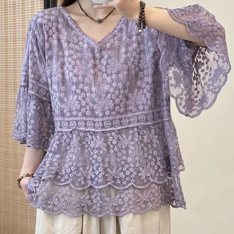 Top en Maille Vintage Ample à Col V, Orné de Dentelle Brodée