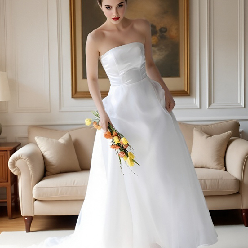 Simple White Satin Strapless Off-shoulder Light Wedding Dress