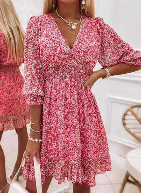 Femme Bohemian Floral Print Midi Robe, Manches Courtes Pullover Waist Ajusté Robe Summer Robe
