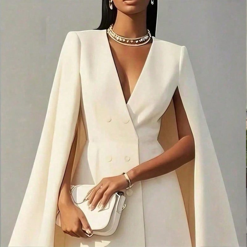 Cape Blazer Mini Robe , Luxe Double-Breasted Col V Formal Robe With Structured Shoulders & Flowing Cape Sleeves