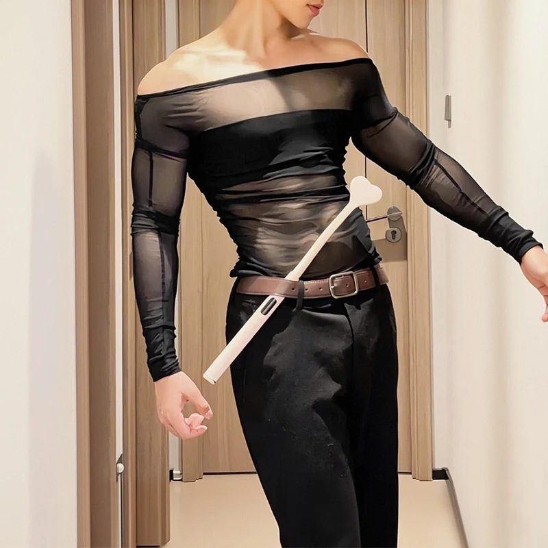 Homme Off-Shoulder Mesh Manches Longues Sheer T-Shirt