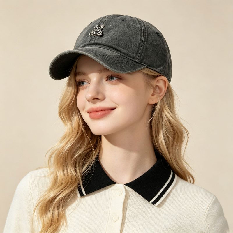 Cute Teddy Bear Vintage Washed Casquette 3D Metal Emblem Adjustable Streetwear Casquette