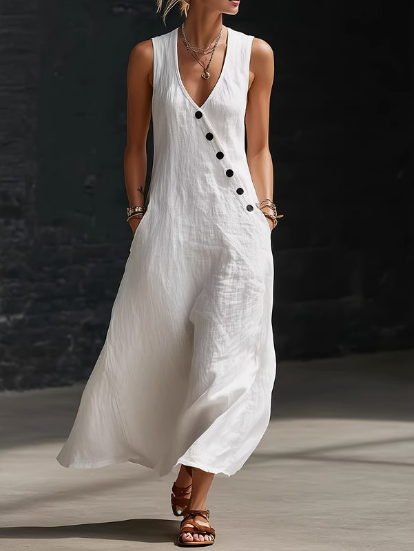 Col V Sleeveless Linen Tank Robe, Décontracté Summer Vacation Outfit
