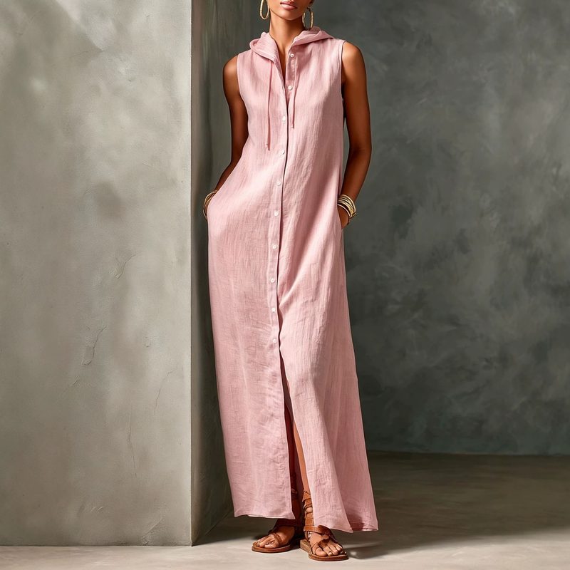 Femme Minimalist Linen-Blend Hooded Sleeveless Single-Breasted Maxi Robe