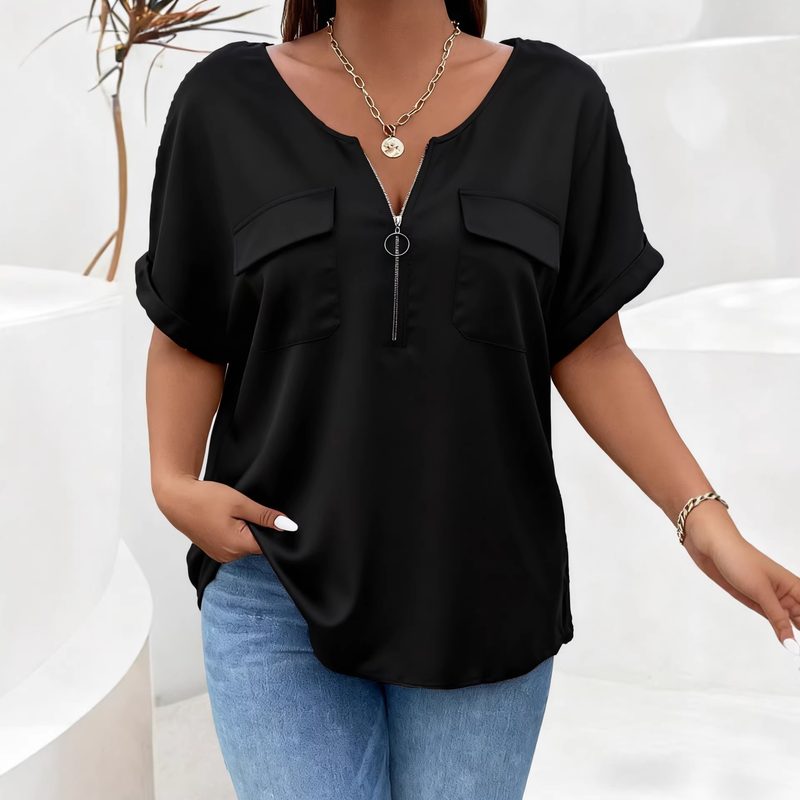 Plus-Size Femme Top Zipped, Short-Sleeved, Pocketed, Relaxed-Fit T-Shirt