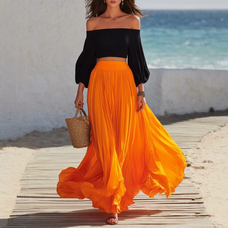 Ensemble Jupe & Haut Bustier à Épaules Dénudées, Manches Bouffantes