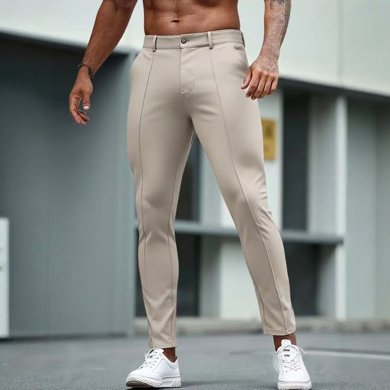 Pantalon Habillé Homme Coupe Slim Stretch Couleur Unie Raccourci
