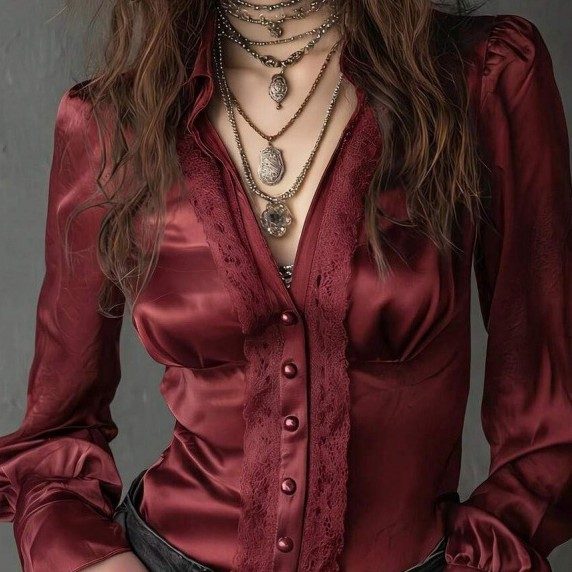 Chemise Fluide en Satin à Manches Longues et Col Classique pour Femme