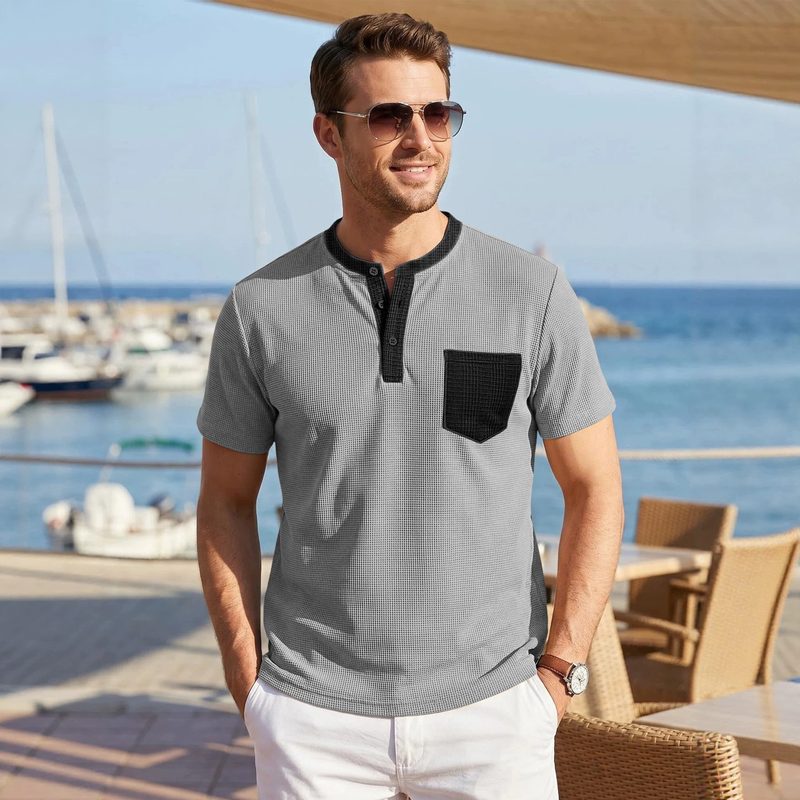 Homme Color-Block Pocket Waffle-Knit Henley T-Shirt